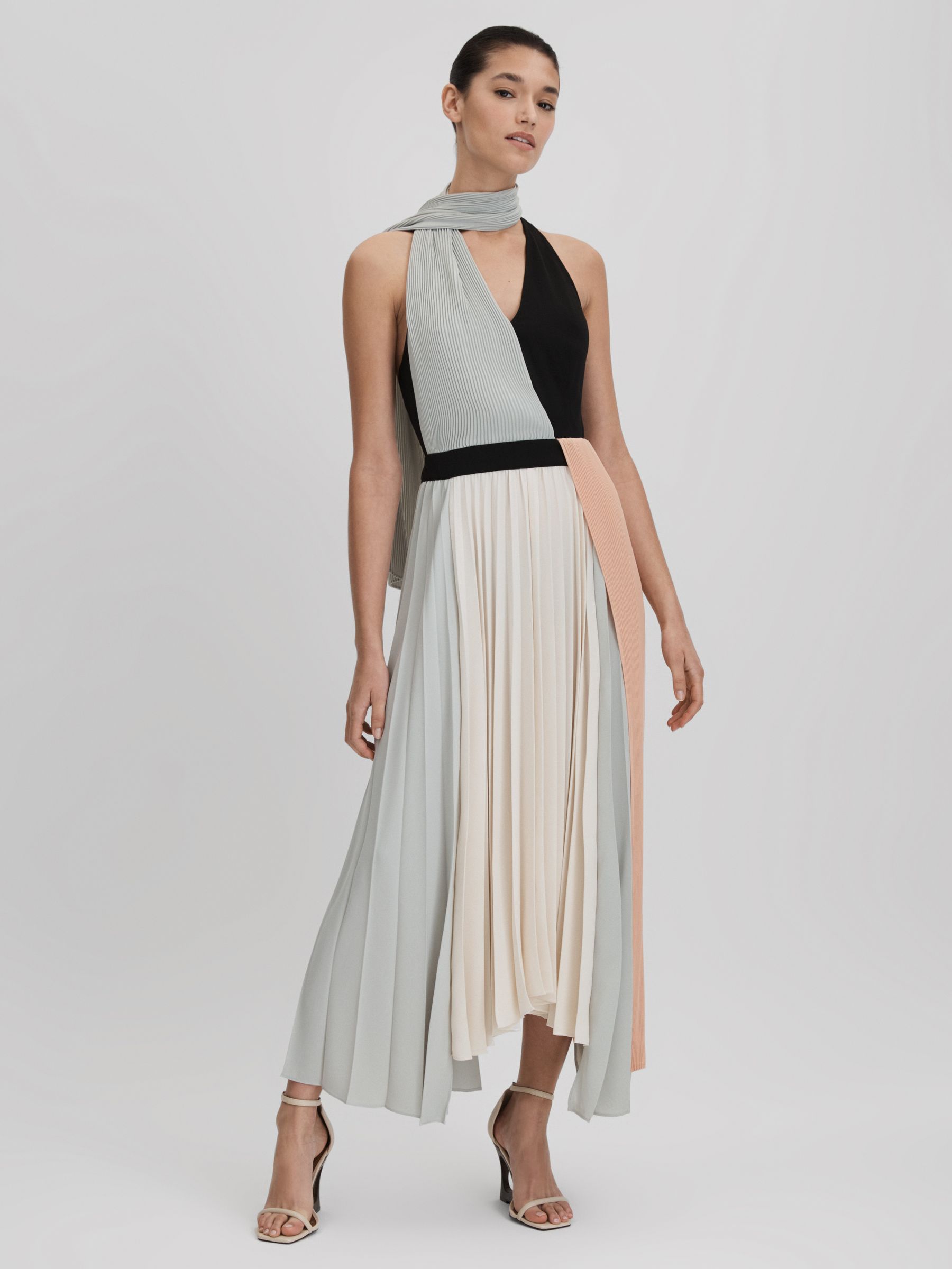 Pleated Asymmetric Midi Dress in Pink/Cream - Image 1 of 6